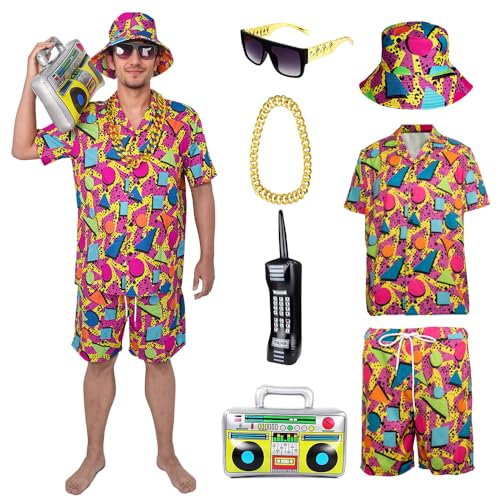 YQVGFBY 80er 90er Jahre Outfit Herren Retro Shirts und Shorts Set, Hip-Hop Strand T-Shirts und Shorts, Jogginganzüge, Badass-Kostüme, Faschingskostüme, Karnevalskostüme (Rot, M) von YQVGFBY