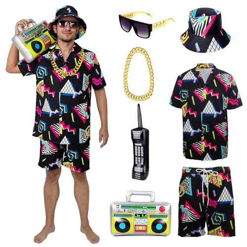 YQVGFBY 80er 90er Jahre Outfit Herren Retro Shirts und Shorts Set, Hip-Hop Strand T-Shirts und Shorts, Jogginganzüge, Badass-Kostüme, Faschingskostüme, Karnevalskostüme (Schwarz, S) von YQVGFBY