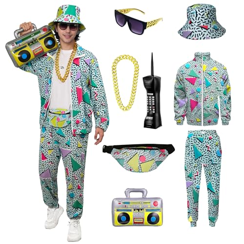 YQVGFBY 80er Jahre Outfit Herren 90er Retro Trainingsanzug Halloween Karneval Kostüm Jogginganzug Sportanzug Badass-Kostüme 8Stk (Grün, M) von YQVGFBY