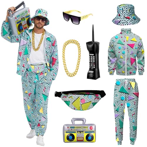 YQVGFBY 80er Jahre Outfit Herren 90er Retro Trainingsanzug Halloween Karneval Kostüm Jogginganzug Sportanzug Badass-Kostüme 8Stk (Grün, S) von YQVGFBY