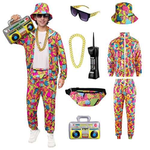 YQVGFBY 80er Jahre Outfit Herren 90er Retro Trainingsanzug Halloween Karneval Kostüm Jogginganzug Sportanzug Badass-Kostüme 8Stk (Rot, M) von YQVGFBY