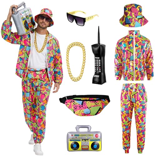 YQVGFBY 80er Jahre Outfit Herren 90er Retro Trainingsanzug Halloween Karneval Kostüm Jogginganzug Sportanzug Badass-Kostüme 8Stk (Rot, XXL) von YQVGFBY