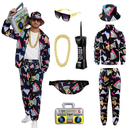 YQVGFBY 80er Jahre Outfit Herren 90er Retro Trainingsanzug Halloween Karneval Kostüm Jogginganzug Sportanzug Badass-Kostüme 8Stk (Schwarz, 3XL) von YQVGFBY