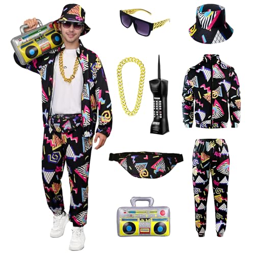 YQVGFBY 80er Jahre Outfit Herren 90er Retro Trainingsanzug Halloween Karneval Kostüm Jogginganzug Sportanzug Badass-Kostüme 8Stk (Schwarz, XXL) von YQVGFBY