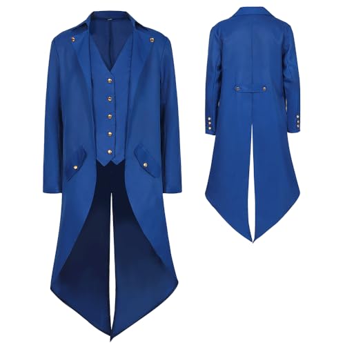 YQVGFBY Herren Gothic Steampunk Frack Mantel Männer,Mittelalter Viktorianischen Vintage Jacke Uniform Lange Smoking,Renaissance Piraten Vampir Party Cosplay Kostüme for Erwachsene Herren (Blau, L) von YQVGFBY