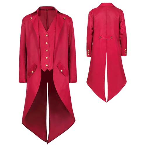 YQVGFBY Herren Gothic Steampunk Frack Mantel Männer,Mittelalter Viktorianischen Vintage Jacke Uniform Lange Smoking,Renaissance Piraten Vampir Party Cosplay Kostüme for Erwachsene Herren (Rot, XXL) von YQVGFBY