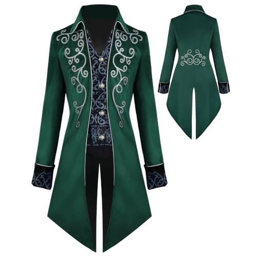 YQVGFBY Herren Steampunk Vintage Frack Jacke Gothic Frack Mantel Faschingskostüme,Mittelalter Kleidung Herren,Halloween Kostüm (Grün, M) von YQVGFBY