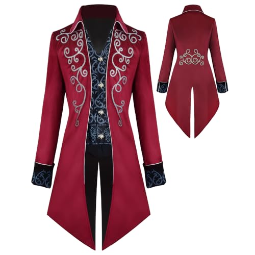 YQVGFBY Herren Steampunk Vintage Frack Jacke Gothic Frack Mantel Faschingskostüme,Mittelalter Kleidung Herren,Halloween Kostüm (Rot, XXL) von YQVGFBY