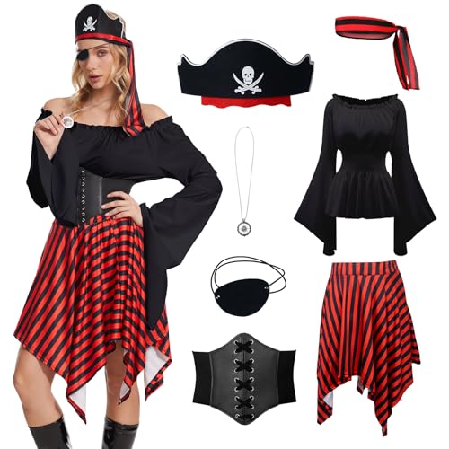 YQVGFBY Piratenkostüm Damen, Piratin Kleid Set Mittelalter Wikinger Kleidung Damen Renaissance Kleid Piraten Kostüm Frauen für Halloween Karneval Cosplay (Schwarz, XS) von YQVGFBY