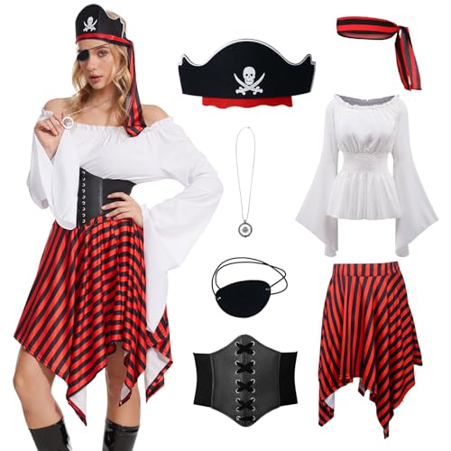 YQVGFBY Piratenkostüm Damen, Piratin Kleid Set Mittelalter Wikinger Kleidung Damen Renaissance Kleid Piraten Kostüm Frauen für Halloween Karneval Cosplay (Weiß, M) von YQVGFBY