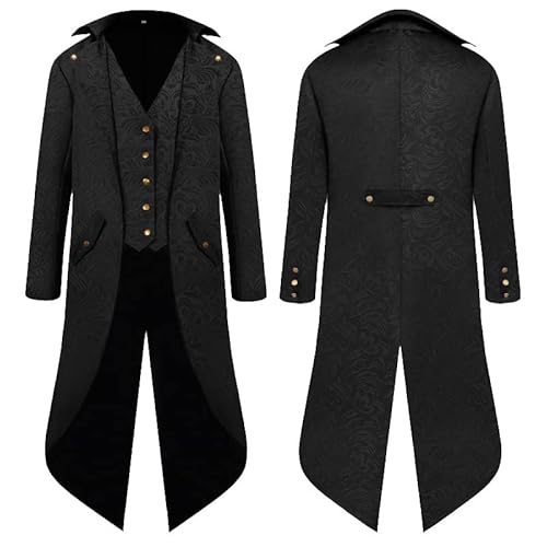 YQVGFBY Steampunk Mantel Frack Herren,Mittelalter Kleidung Zauberer Kostüm Piraten Mantel Herren,Halloween Renaissance Piraten Vampir Party Cosplay Kostüme for Erwachsene (Schwarz, S) von YQVGFBY