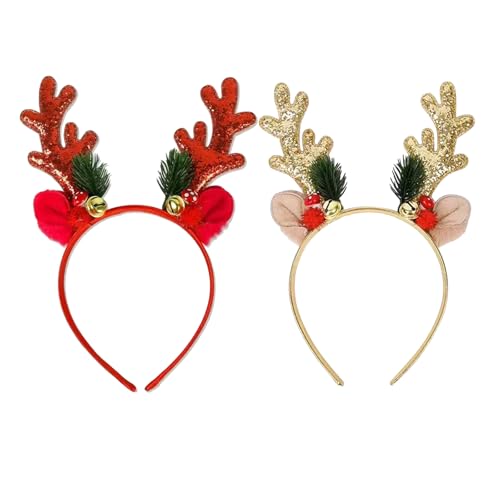 YQYCE 2 Stück Rentierohren Weihnachts Haarreif, Weihnachten Haarreif für Damen und Kinder, Festliche Accessoires, Weihnachtsfeiern und Fotoshootings, Weihnachtshaarreifen Rot und Gold von YQYCE