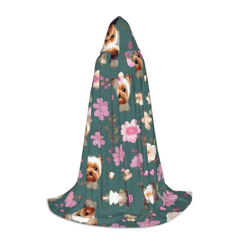 Kapuzenumhang mit Yorkie-Blumenmuster, langer Kapuzenumhang, Halloween-Umhang, Kostüme, Kapuzenumhang, Maskerade von YQxwJL