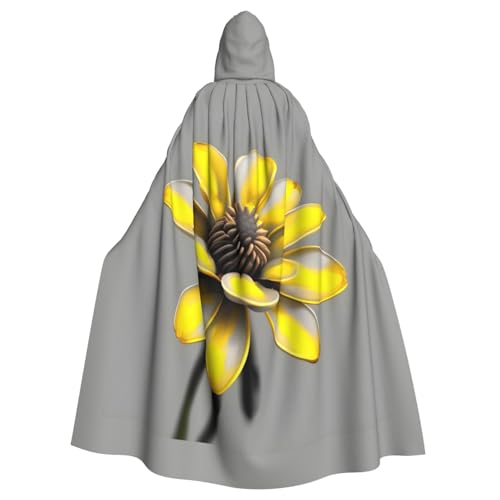 Mittelalterlicher schwarzer Kapuzenumhang mit gelbem und grauem Blumendruck mit Kapuze für Halloween und Renaissance von YQxwJL