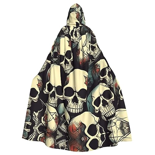 Totenkopf-Skelett-Druck, Uni, Kapuzenmantel, Hexen-Vampir-Zauberer-Robe für Halloween, Cosplay-Kostüme von YQxwJL