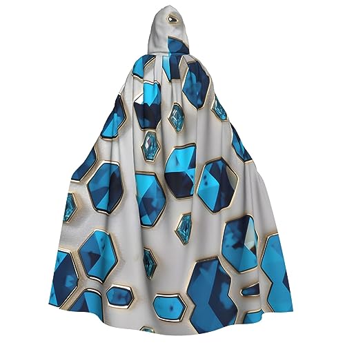 YQxwJL Blauer Hexagon- und Diamanten-Aufdruck, Uni, Erwachsene, Kapuzenumhang, Hexenumhang, Horror-Umhang, für Halloween, Cosplay-Kostüme von YQxwJL