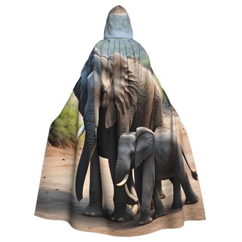 YQxwJL Elefant und Baby Elefant Druck Wikinger Kapuzenumhang Mittelalter Schwarz Umhang mit Kapuze Halloween Renaissance Umhang Kostüm von YQxwJL