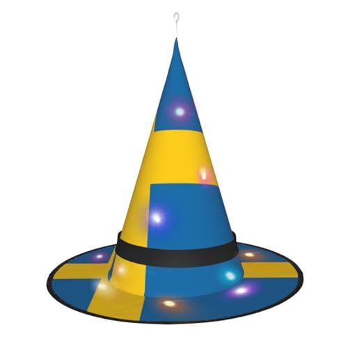 YQxwJL Halloween-Hexenkappe mit schwedischer Flagge, LED-Licht, Zaubererhut, Hexenhut, Dekoration, hängende schwebende Veranda-Hof-Dekoration von YQxwJL