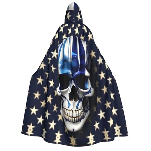 YQxwJL Kapuzenumhang mit blauen Streifen, Sternen, Totenkopf-Druck, volle Länge, Halloween-Umhang, Party-Umhang, Cosplay, Party-Kostüme für Damen und Herren von YQxwJL