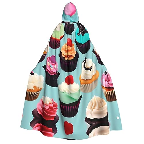 YQxwJL Kapuzenumhang mit buntem Cupcake-Druck, Umhang in voller Länge, Halloween-Party-Umhang, Cosplay-Kostüm für Männer und Frauen von YQxwJL