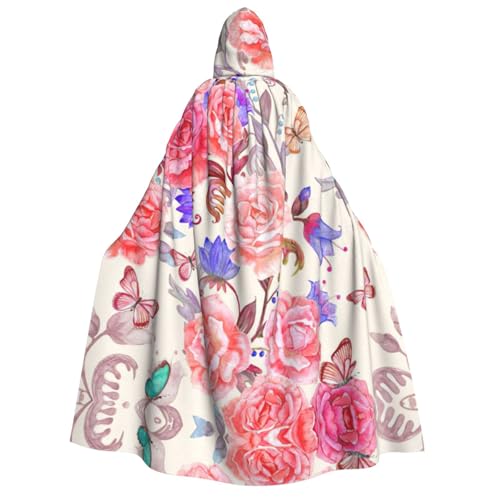 YQxwJL Langer Kapuzenumhang mit Blumenrose, Schmetterlings-Aufdruck, Uni, mit Kapuze, Halloween, Weihnachten, Kostüme, Partyumhang von YQxwJL