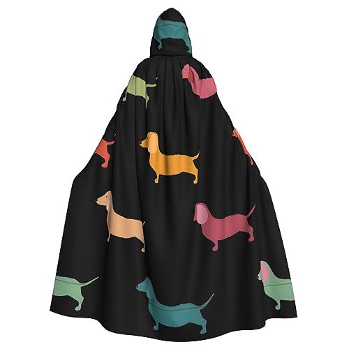 YQxwJL Langer Umhang mit süßem Dackel-Aufdruck für Männer und Frauen, Umhang mit Kapuze für Halloween, Mittelalter, Renaissance, Hexenkostüm von YQxwJL