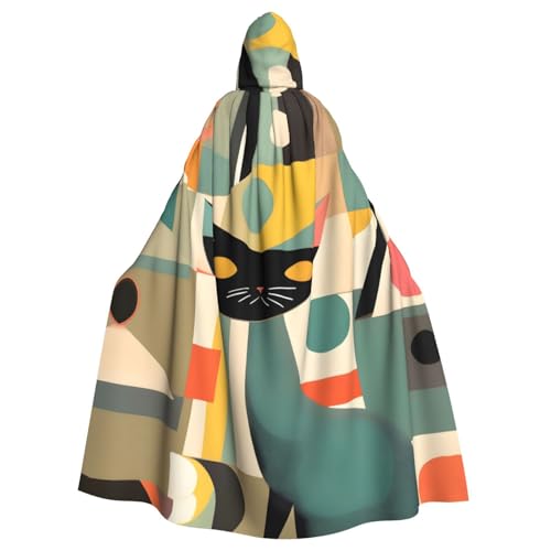 YQxwJL Mid-Century moderner Kunst-Katzen-Druck, Wikinger-Kapuzenumhang, mittelalterlicher schwarzer Umhang mit Kapuze, Halloween, Renaissance-Umhang von YQxwJL