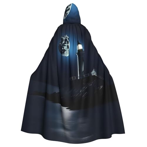 YQxwJL Moonlight Leuchtturm Druck Viking Kaputze Mittelalter Schwarz Umhang mit Kapuze Halloween Renaissance Umhang Kostüm von YQxwJL
