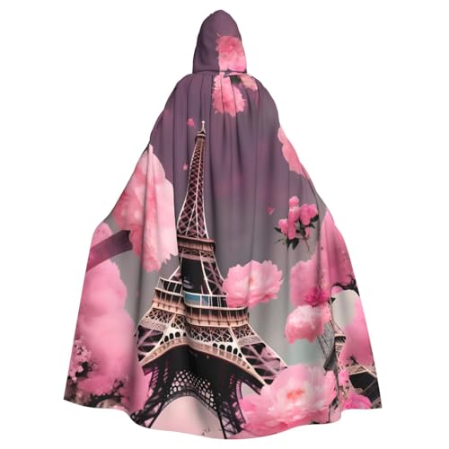YQxwJL Paris Street Eiffelturm Rosa Blumendruck Karneval Umhang Robe Umhang Zauberer Kapuzenumhang für Erwachsene Halloween Cosplay Kostüme von YQxwJL