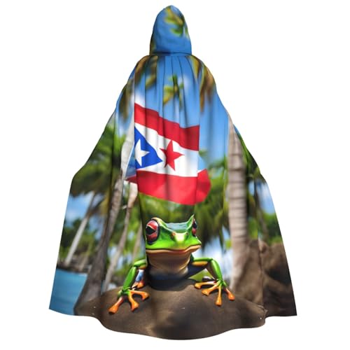 YQxwJL Puerto Rico-Flaggen, Frosch-Palmen-Druck, Kapuzenumhang, volle Länge, Halloween-Umhang, Party-Umhang, Cosplay, Partykostüme für Damen und Herren von YQxwJL