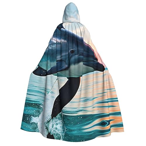 YQxwJL Süßer Delfin-Spring-Aufdruck, Kapuzenumhang, volle Länge, Halloween-Umhang, Party-Umhang, Cosplay, Party-Kostüme für Damen und Herren von YQxwJL