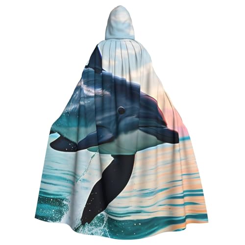 YQxwJL Süßer Delfin-Spring-Druck, Wikinger-Kapuzenumhang, mittelalterlicher schwarzer Umhang mit Kapuze, Halloween, Renaissance-Umhang von YQxwJL