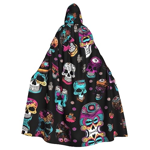 YQxwJL Sugar and Skulls Style print Uni Hooded Cloak Hooded Robe, Witch Vampire Wizard Robe for Halloween Cosplay Costumes von YQxwJL
