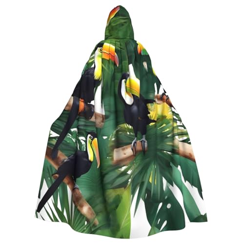 YQxwJL Tukane Papagei Palme Blätter Druck Wikinger Kapuzenumhang Mittelalter Schwarz Umhang mit Kapuze Halloween Renaissance Umhang Kostüm von YQxwJL