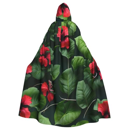 YQxwJL Vegetation Leaves With Hibiscus Flowers Print Carnival Cape Robe Cloak, Zauberer Hooded Cloak, For Adults Halloween Cosplay Costumes von YQxwJL
