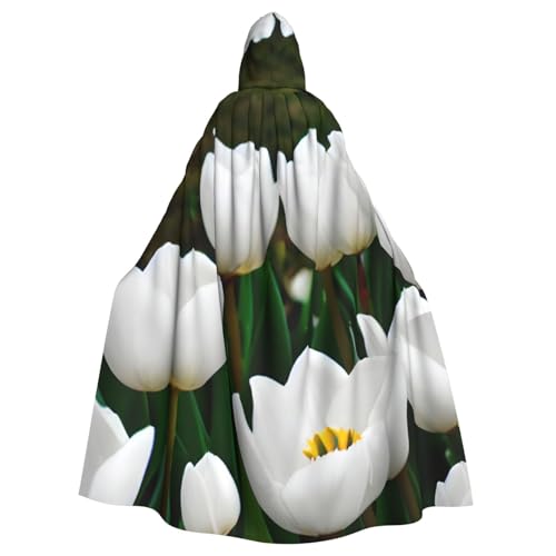 YQxwJL Weiße Tulpen Blumendruck Karneval Umhang Robe Umhang Zauberer Kapuzenumhang für Erwachsene Halloween Cosplay Kostüme von YQxwJL