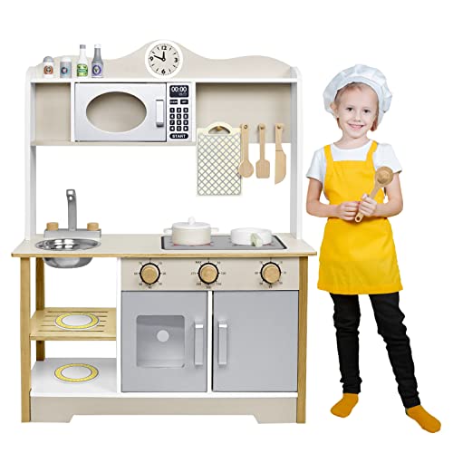 YRHome Kinderküche Holzküche Spielküche 68x26x78cm für Kinder Küchenzeile Zubehör Spielset mit 2 Kochstellen,Spüle,Wasserhahn, Mikrowelle Kinder Spielzeug für Mädchen und Jungen Küchenspielzeug von YRHome