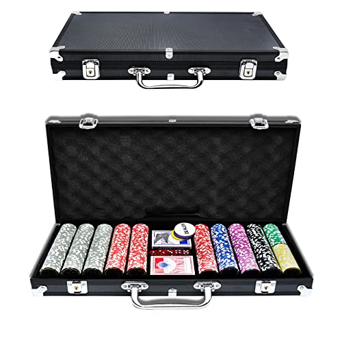 YRHome Pokerkoffer Pokerset 500 Chips Pokerchips Poker mit 3 Dealer Button, 5 Würfel, 2 Schlüssel, 2 Pokerdecks, 1 Alu Pokerkoffer für Party Game Texas Hold'em Poker (Schwarz) von YRHome