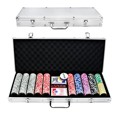 YRHome Pokerkoffer Pokerset 500 Chips Pokerchips Poker mit 3 Dealer Button, 5 Würfel, 2 Schlüssel, 2 Pokerdecks, 1 Alu Pokerkoffer für Party Game Texas Hold'em Poker (Silber) von YRHome