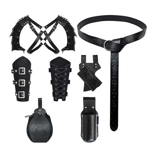 YRTBGD 6 Stück Mittelalter Kleidung für Herren Accessoires Set, Viking Renaissance Ritter Deko mit Gürtel Armschützer Gürteltasche Schulterpanzer für Halloween Karneval (Schwarz) von YRTBGD
