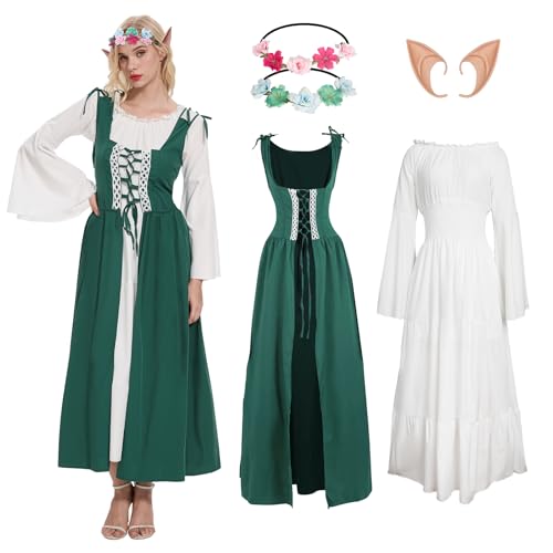 YRTBGD Mittelalter Kleidung Damen,Renaissance Kleid mit Elfenohren Waldelfen Kopfschmuck-Halloween Karneval Kostüm Damen (Grün, L) von YRTBGD