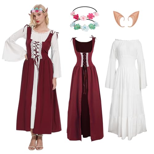 YRTBGD Mittelalter Kleidung Damen,Renaissance Kleid mit Elfenohren Waldelfen Kopfschmuck-Halloween Karneval Kostüm Damen (Rot, XS) von YRTBGD