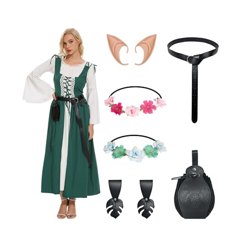 YRTBGD Mittelalter Kleidung Damen Renaissance Kleid Karneval Halloween Kostüm Damen mit Corsett Gürtel Gürteltasche Elfenohren Waldelfen Kopfschmuck Kleiderklammer (Grün, M) von YRTBGD