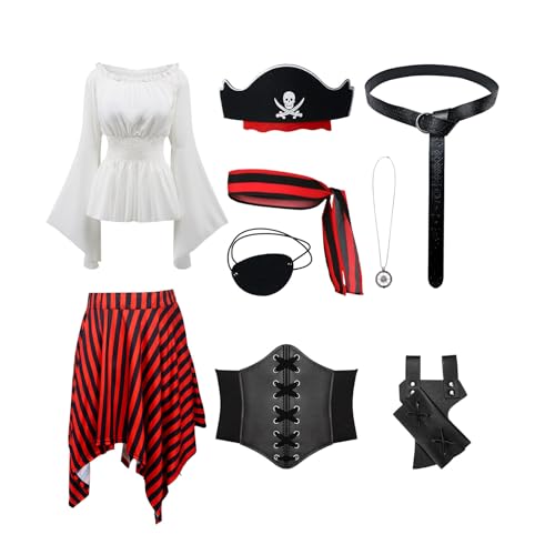 YRTBGD Piratenkostüm Damen Mittelalter Wikinger Kleidung Damen Renaissance Kleid Piraten Kostüm Frauen für Halloween Karneval (Weiß, M) von YRTBGD