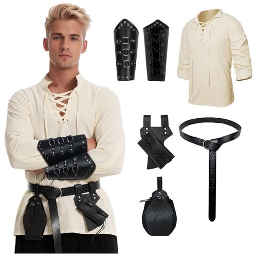 YRTBGD Piratenkostüm Herren,Mittelalter Kleidung Herren,5 Stück Herren Renaissance Viking Kostüm Mittelalter Hemd mit Steampunk Ritter Gürtel für Halloween Karneval (Beige, L) von YRTBGD