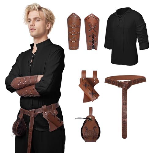 YRTBGD Piratenkostüm Herren,Mittelalter Kleidung Herren,5 Stück Herren Renaissance Viking Kostüm Mittelalter Hemd mit Steampunk Ritter Gürtel für Halloween Karneval (Schwarz, M) von YRTBGD