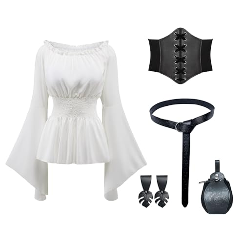 YRTBGD Piratenkostüm Mittelalter Kleidung Damen Vintage Bluse mit Korsett Gürtel Gürteltasche für Halloween Karneval (Weiß, M) von YRTBGD