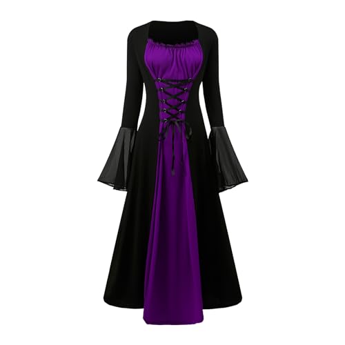 YRTBGD Renaissance Kostüm Frauen Mittelalterliches Kleid mit Trompetenärmel Gothic Kleid Damen Mittelalter Kleidung Damen für Halloween Karneval (Schwarze Lila, M) von YRTBGD