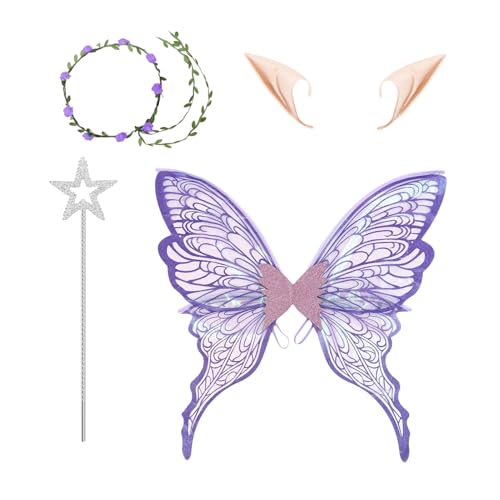 YRTUOP Feenflügel Kostüm Set,Engelsflügel für Halloween Kostüme & Cosplay - Elastische Verkleidungs-Accessoires Mit Blumenhaarreif Für Kinder Und Erwachsene von YRTUOP