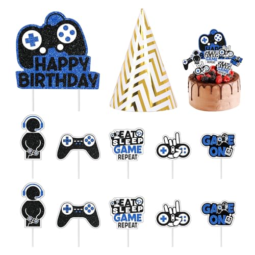 YSDYY 11 Stück Gaming-Themeneinsätze, 1 Stück Geburtstagshut, Kuchendekorationseinsätze, Gamecontroller-Flaggen, Cupcake-Dekorationen, Kuchenzubehöreinsätze, Gamer-Kuchendekorationen von YSDYY